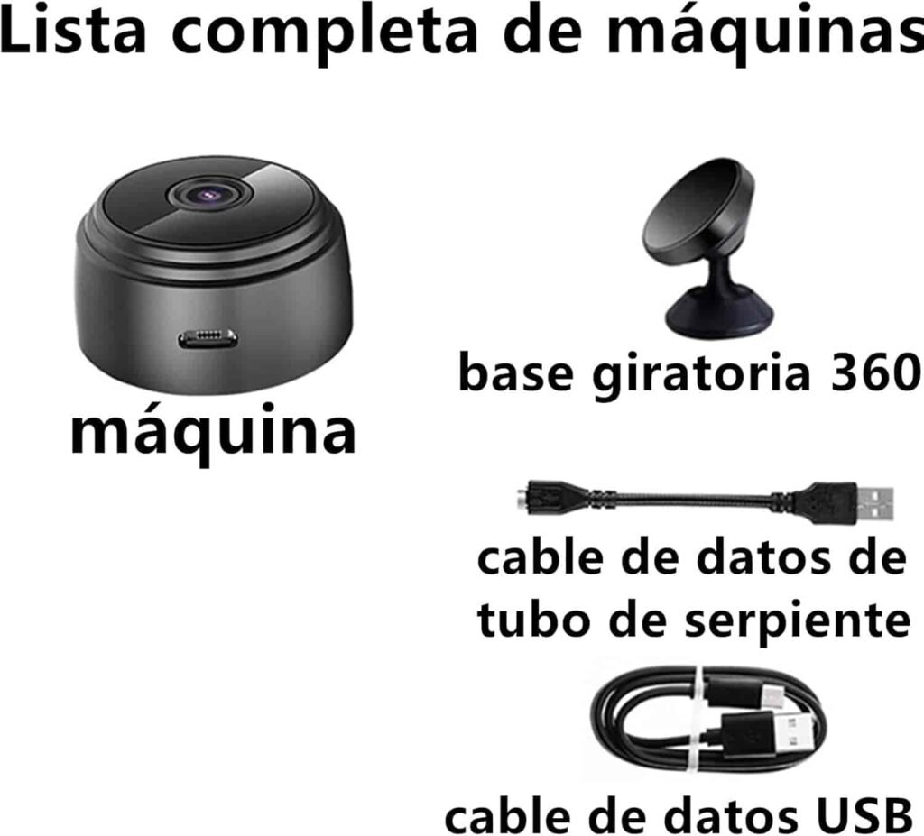 Contenido de la caja con la mini cámara de seguridad Infun