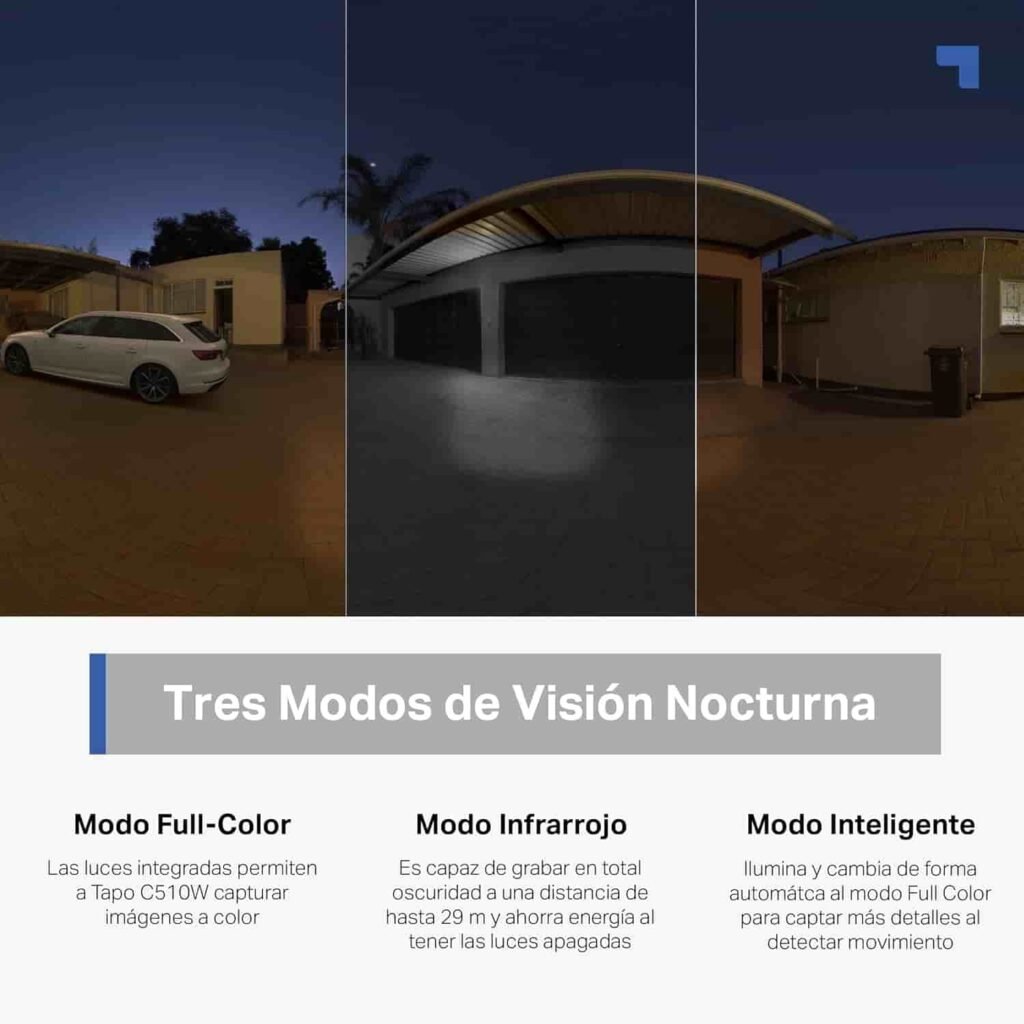 Cámara de vigilancia Tapo C510 con sus tres diferentes modos de visión nocturna