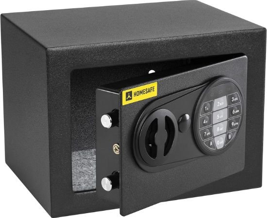 Caja fuerte HomeSafe negra con la puerta entre abierta