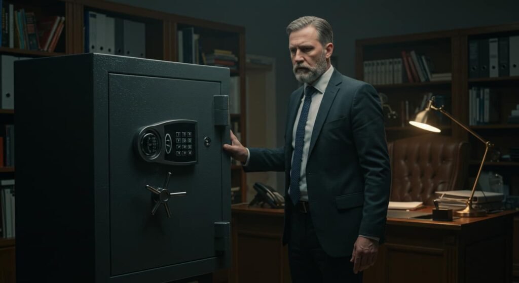 Persona-pensando-como-abrir-una-caja-fuerte