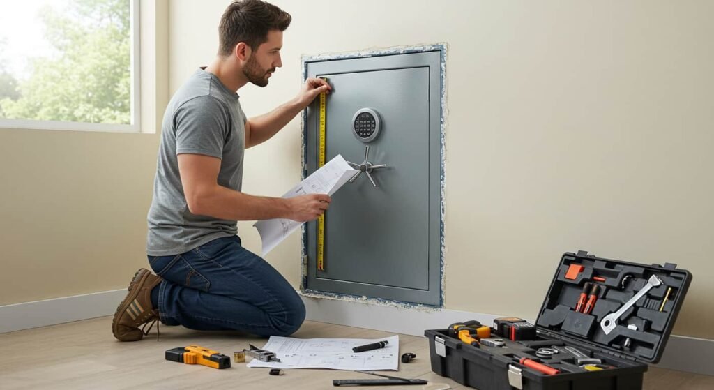 Persona-realizando-una-instalacion-de-una-caja-fuerte