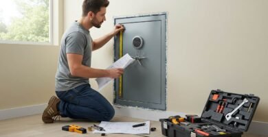 Persona-realizando-una-instalacion-de-una-caja-fuerte