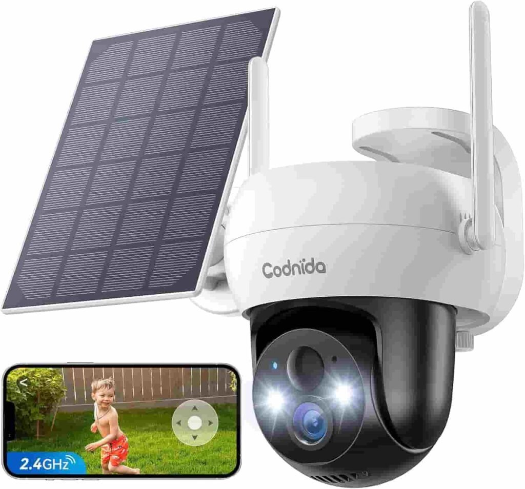 Presentación cámara de vigilancia Codnida 2k, color blanco con panel solar