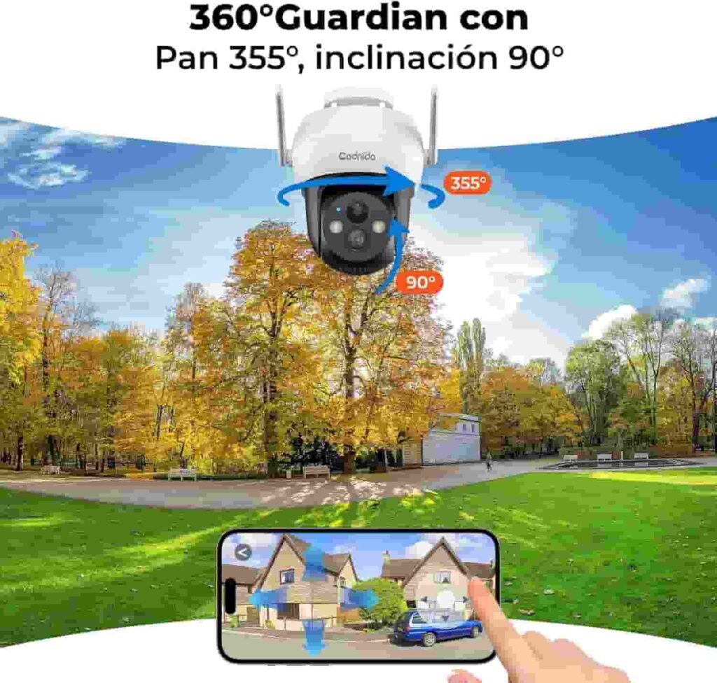 Cámara de vigilancia Codnida 2K con visión de 360 grados e inclinación de 90 grados con una toma exterior para apreciar su radio de alcance.