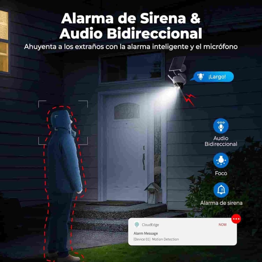 Cámara de vigilancia Yeskano 2K con opciones de alarma de sirena, audio bidireccional y foco