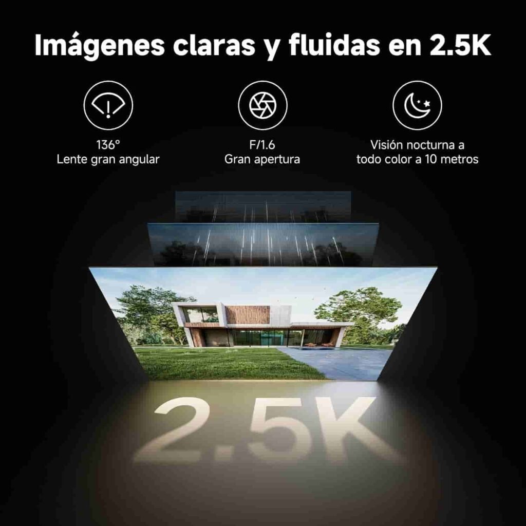 Características de la cámara de vigilancia Xiaomi BW500 como lente angular de 136 grados, visión nocturna a todo color a 10 metros, imágenes fluidas y claras en 2.5 K