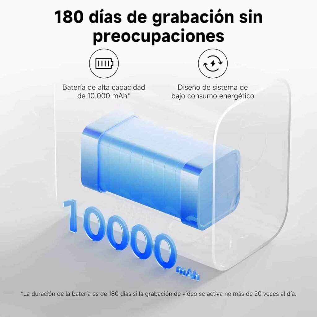 La cámara de vigilancia Xiaomi BW500 cuenta con batería que permite grabación sin cortes durante 180 días, por su sistema de bajo consumo energético