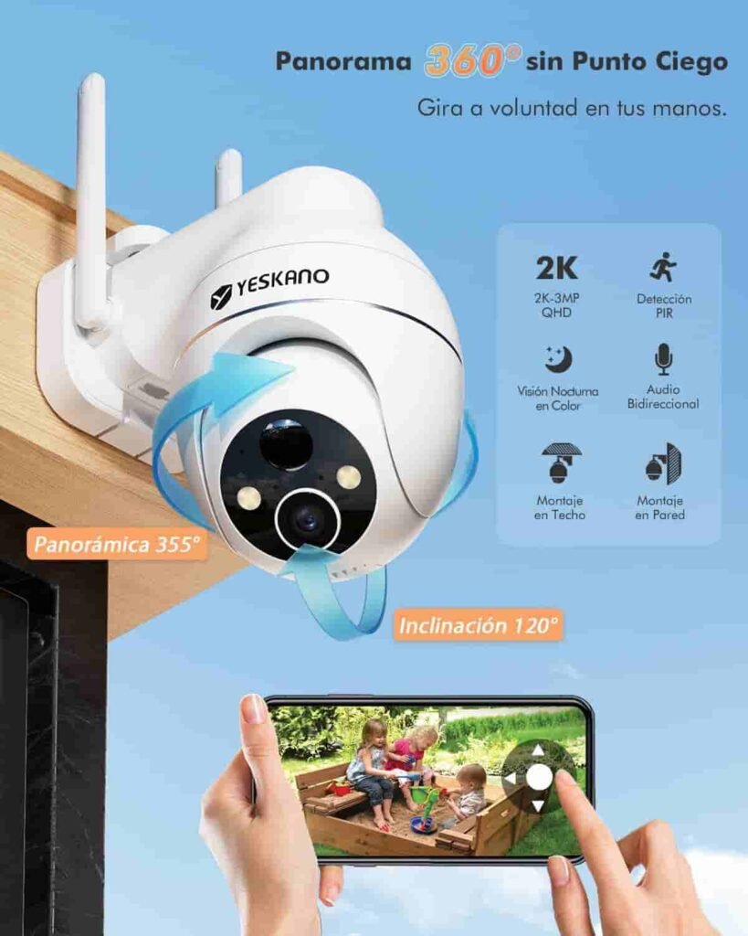 Cámara de vigilancia Yeskano 2K y sus características como visión panorámica de 360 grados, audio bidireccional, inclinación de 120 grados y resolusión 2K
