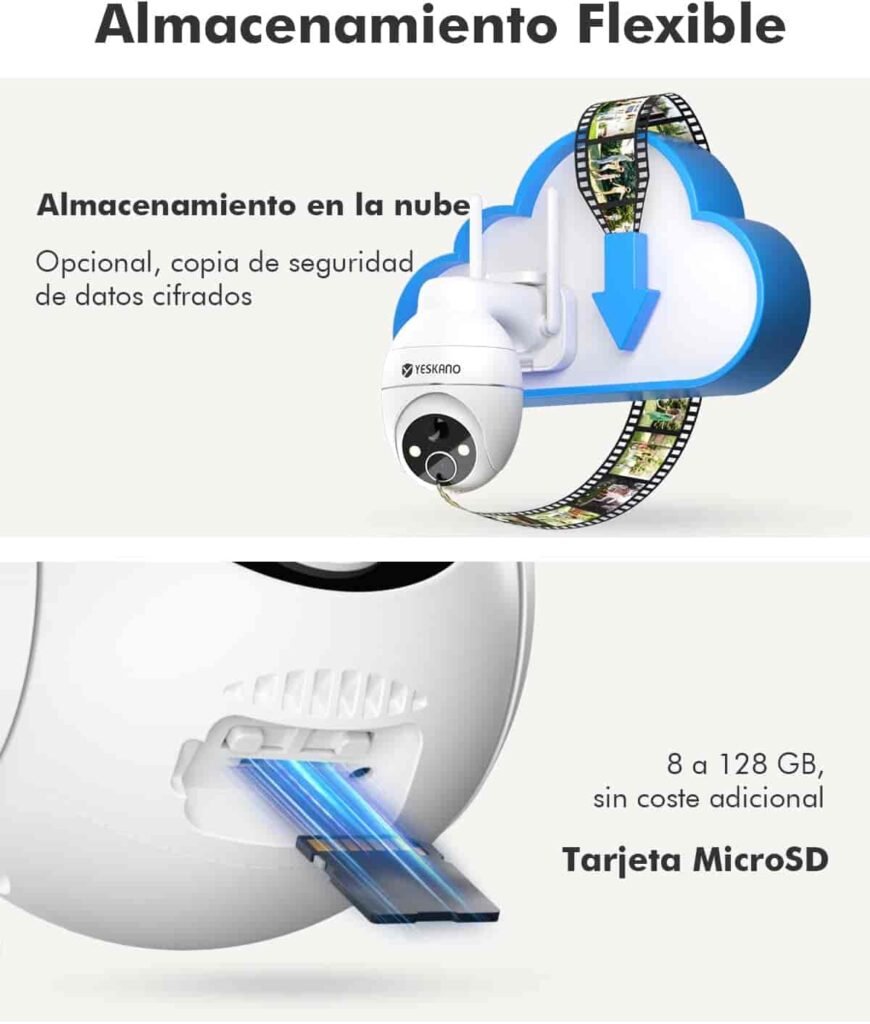 Cámara de vigilancia Yeskano 2K con opción de almacenamiento en la nube o con tarjeta MicroSd de 8 a 120 gb