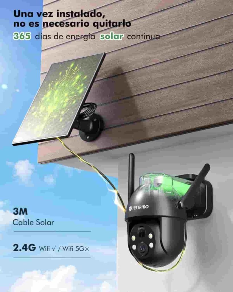Cámara de vigilancia Yesyamo 2K instalada en un techo junto con su panel solar como fuente de alimentación.