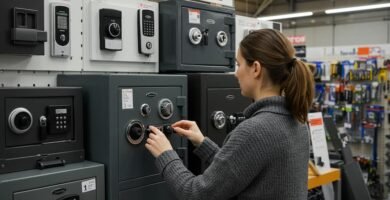 Mujer-eligiendo-entre-diferentes- tipos-de-cajas-fuertes