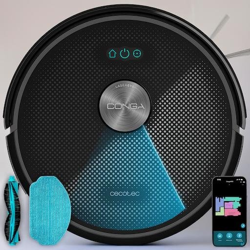 Robot aspirador Cecotec, forma redonda en color negro con detalles en azul y gris