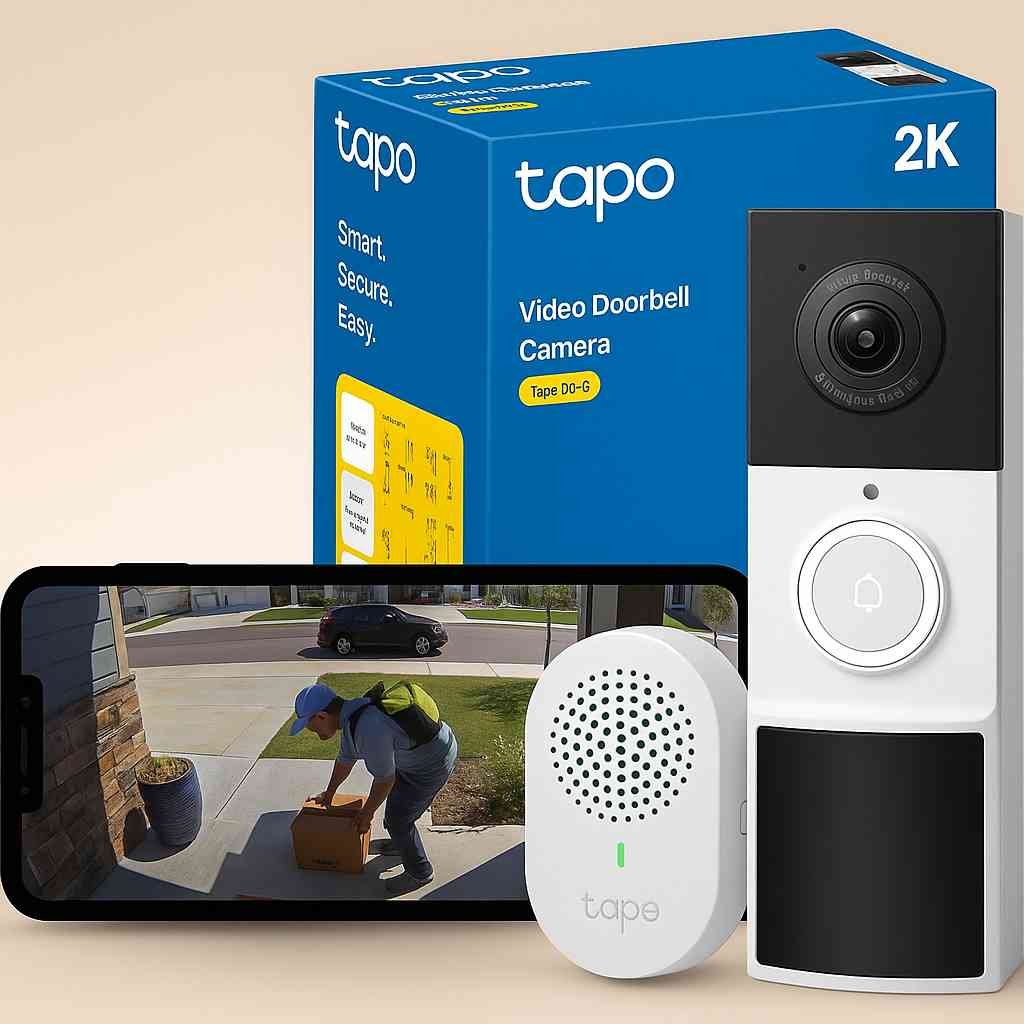 Videoportero de la marca Tapo con c&aacute;mara 2K, timbre con video en tiempo real, detecci&oacute;n de movimiento y notificaciones m&oacute;viles, ideal para mejorar la seguridad del hogar. junto con su caja presentaci&oacute;n