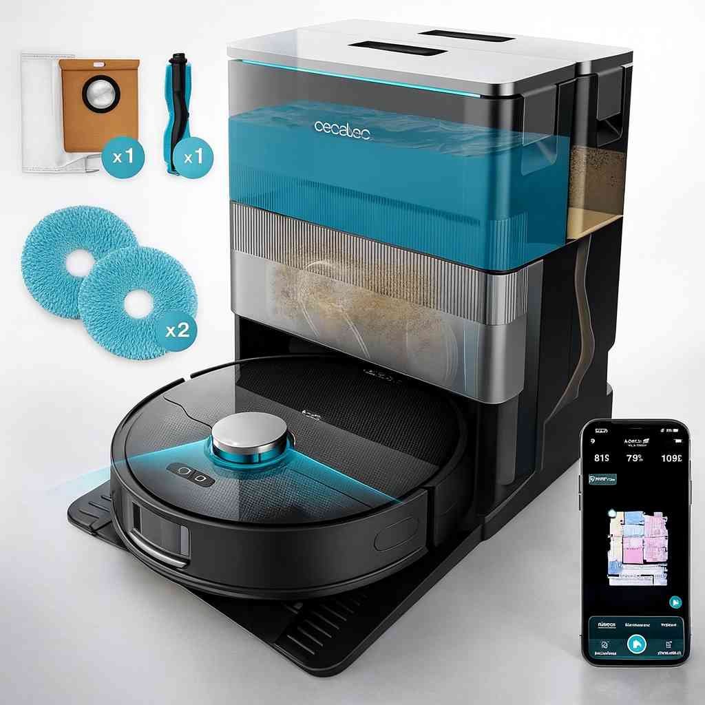 Robot aspirador Cecotec de color negro, con detalles en azul