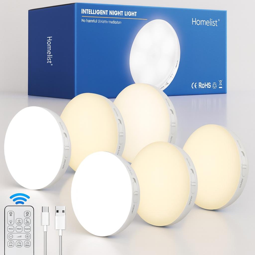 Packs de 6 unidades led con sensor de movimiento de la marca Homelist junto con su caja presentaci&oacute;n