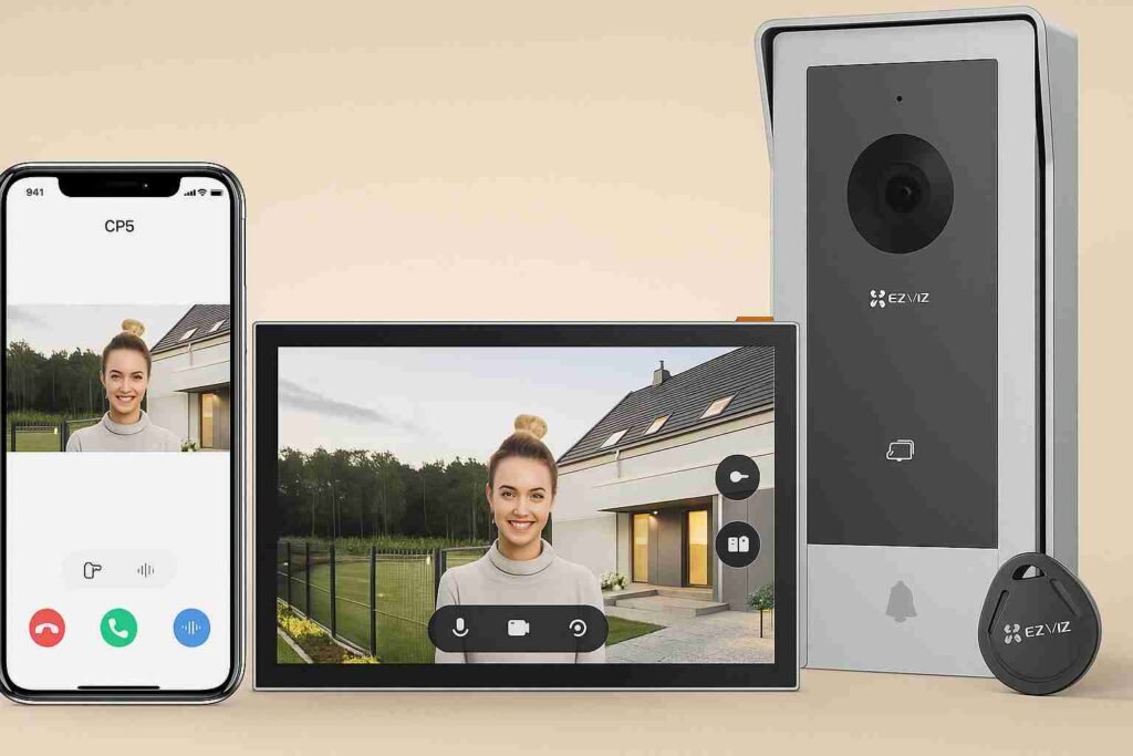Videoportero Ezviz con cámara inteligente, monitor táctil y acceso desde móvil, ideal para control de acceso seguro en el hogar.