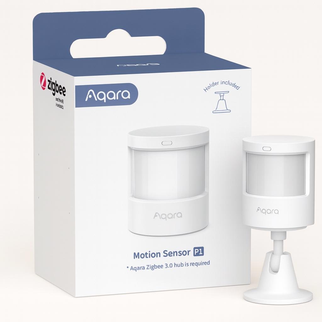 Sensor de movimiento de la marca Aqara junto con su caja presentaci&oacute;n