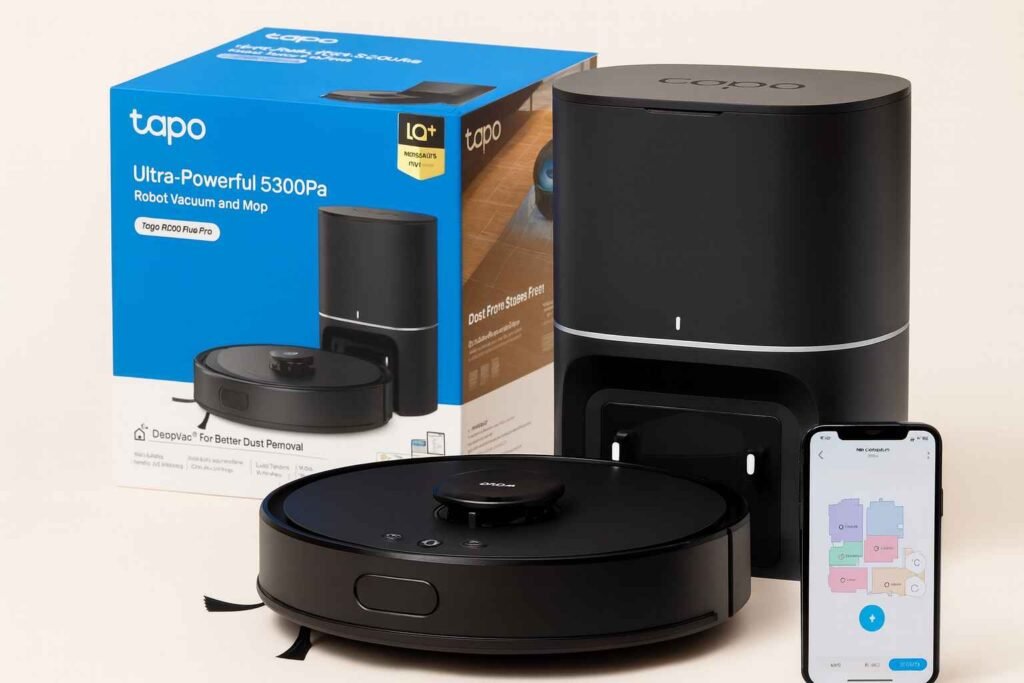 Robot aspirador Tapo de color negro junto con su caja presentación